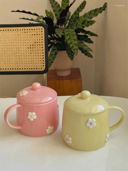 Tazas ahunderjiaz dibujos animados lindas tazas de cerámica de flores pequeñas tazas de café con tapa para el desayuno para el hogar