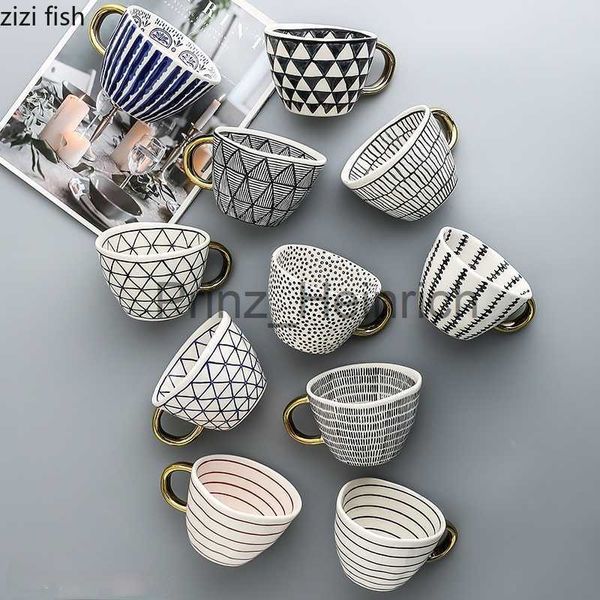 Tasses Tasse à café en céramique géométrique irrégulière américaine avec poignée plaquée or Motif noir et blanc Tasse à thé au lait Accessoires pour la maison J230627