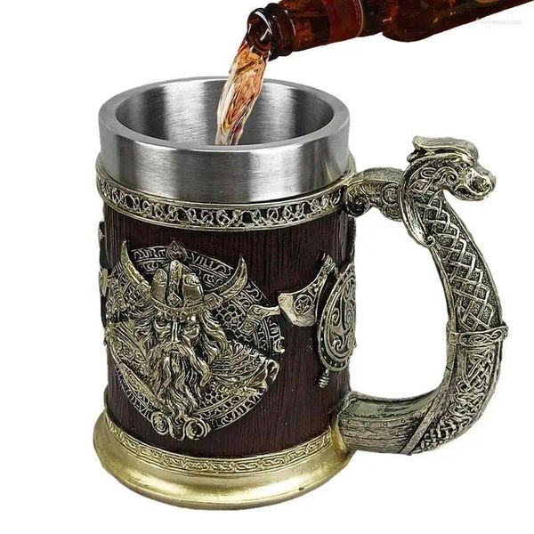 Tasses Antique Viking Beer Tankard 600ml Tasse en acier inoxydable pour hommes |Norse Decor Perfect Coffee Whisky Cadeau de Thanksgiving pour lui