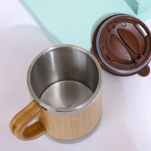Tasses Tasse à coquille de bambou Tasse à café thermique avec poignée Gobelet isolé Boissons en acier inoxydable Idées cadeaux personnalisées Bar glacé
