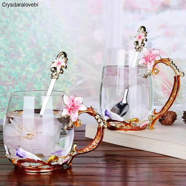 Tazas Hermosa taza de té de flores de color esmaltado taza de vidrio resistente al calor de café pareja de desayuno jugo de leche