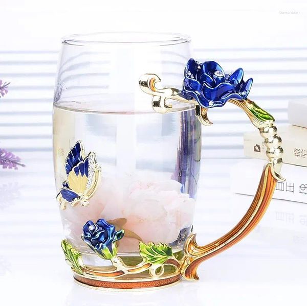 Tasses beauté et nouveauté émail tasse à café tasse fleur thé tasses en verre pour boissons froides cuillère ensemble cadeau de mariage parfait