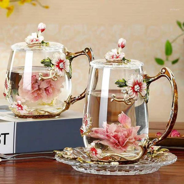 Tasses beauté et nouveauté émail tasse à café tasse fleur verre tasses pour boissons froides cuillère ensemble parfait cadeau de mariage