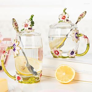 Tasses beauté marguerite émail tasse à café tasse fleur thé tasses en verre pour et boissons froides cuillère ensemble parfait cadeau de bureau à domicile