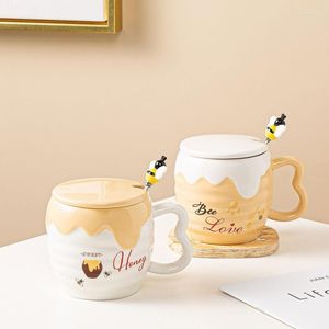 Tasses tasse à café abeille tasse en céramique de miel créatif avec couvercle et cuillère cadeaux de dessin animé de thé mignon pour les apiculteurs enseignants