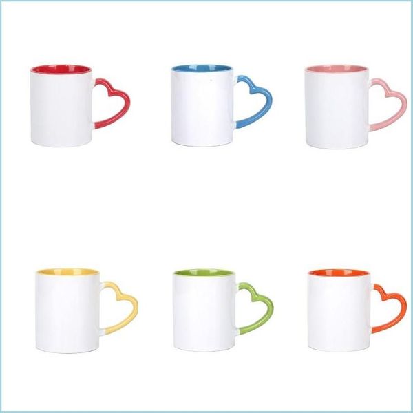 Mugs Blanc Sublimation 11Oz Tasse En Céramique Avec Poignée Coeur 320Ml Blanc Tasses Colorf Revêtement Intérieur Spécial Bouteille D'eau Café Goutte Del Dhrvo