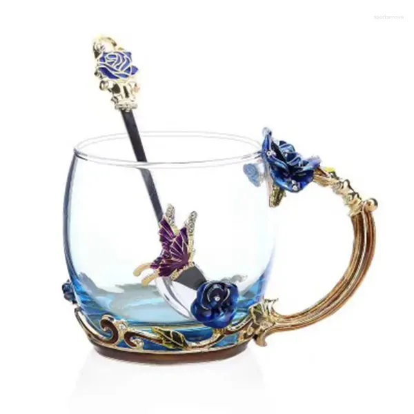 Tazas Blue Rose Enamelo Color Crystal Glass Cup Café de flores de mariposa de alto grado amantes del regalo de regalo F2 F2