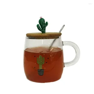 Tasses borosilicates en verre café couvercle de tasse de tasse et cuillère à thé de cactus mignon avec une tasse de consommation claire de 450 ml pour le jus de fruits