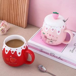 Tasses petit-déjeuner avec couvercle cuillère en porcelaine mignonne tasse de café à la fraise tasse de farine d'avoine à grande capacité