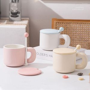 Tasses brèves tasses à café en céramique de couleur Makaron avec couvercle et cuillère épaissir la tasse de thé au lait de bureau à domicile boire de l'eau Drinkware 380ml