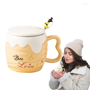 Tasses dessin animé abeille en céramique Belle cuillère à tasse avec couverture et tasses à café miel aimé pour boire