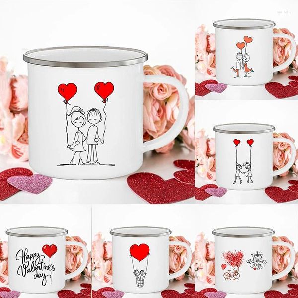 Tazas Taza de pareja con estampado de dibujos animados para niño y niña, taza de café creativa esmaltada para amantes, bebida, postre, tazas de leche, vajilla con asa, regalo del día de San Valentín