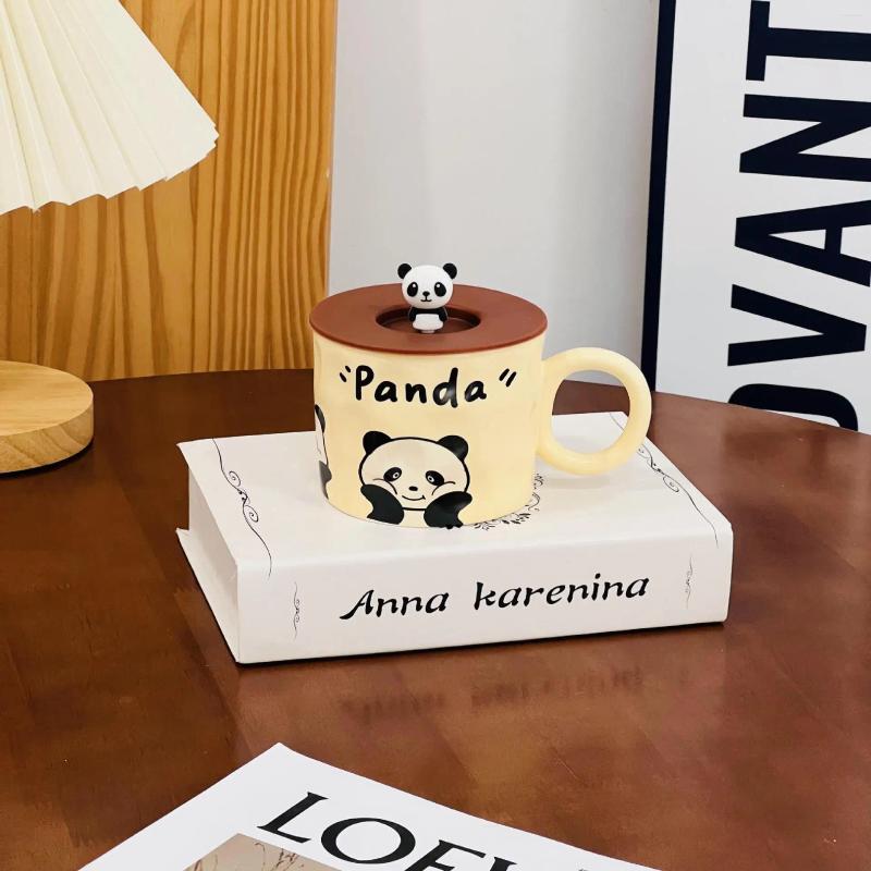 Canecas desenho animado fofo xícara de cerâmica casal criativo caneca em casa conjunto panda water estudante presente com tampa