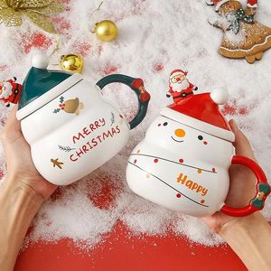 Mokken cartoon schattige kerst keramische cadeaubox set sneeuwpop Santa Claus Coffee Milk Cup met deksel lepel vrienden paar jaar