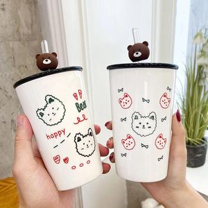 Tasses Dessin animé mignon coréen ours corps droit tasse en céramique petite fraîche créative simple paille bureau d'affaires