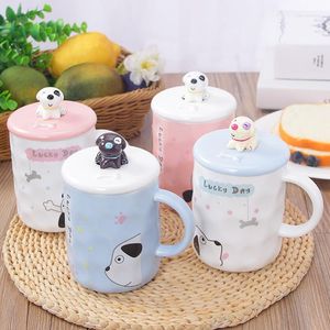 Tasses dessin animé chien tasse belle animal de compagnie en forme de bouteille d'eau en céramique avec couvercle et cuillère résistant à la chaleur bureau maison Couple tasse à café