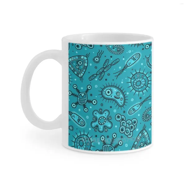 Tazas Microbios de dibujos animados Taza de café blanca Taza de té de leche Taza de té de leche 11 gérmenes de patrones de oz Microbios Bacterias Tiny Microbiología microscópica