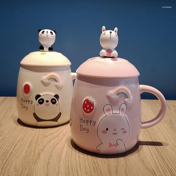 Tasses Tasse en céramique de panda de bande dessinée avec l'eau drôle de tasse de lait de café simple de cuillère de couvercle