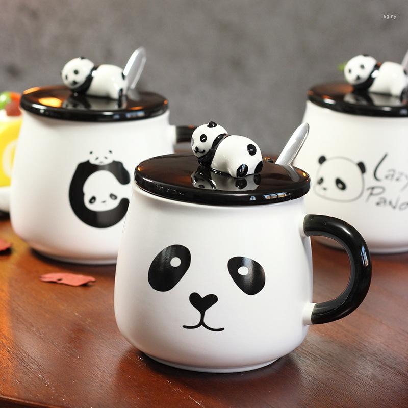 Tazas Taza de panda de dibujos animados Taza de café de cerámica tridimensional con tapa Cuchara Oficina Hogar Pareja Desayuno Bebida de leche