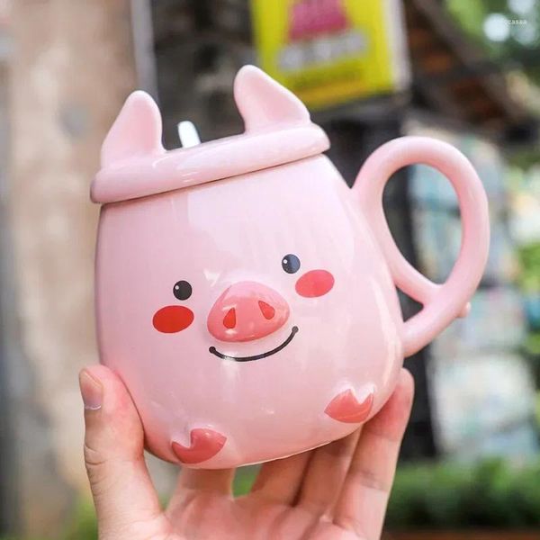 Tassen Cartoon Schweinesform Tasse mit Deckel und Löffel Kaffee Tee Tasse Keramik Keramik Tassen Weihnachtsgeschenk