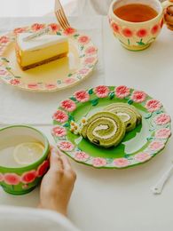 Tasses en céramique, assiettes de 8 pouces, salade en relief floral, desserts aux fruits, plats de petit déjeuner, tasses à café de 300ML, Style rétro vert sous vitrage