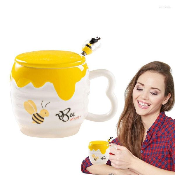 Tazas Taza de abeja de cerámica Taza de miel linda con tapa y cuchara Regalos creativos de té de café para apicultores Maestro Esposa Amigos