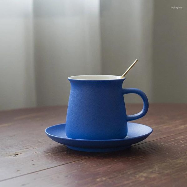 Tazas Cerámica de copa azul y platillo Juego de café concentrado Taza de té de la tarde Desayuno para el hogar Leche Cappuccino Latte 260 ml