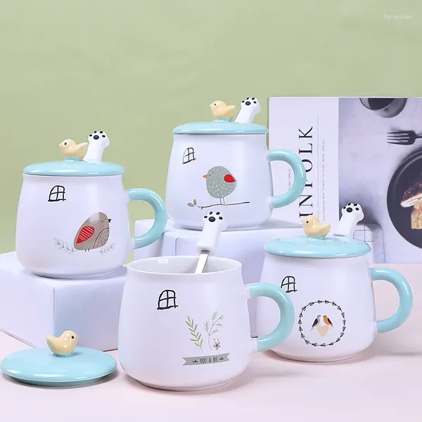 Tasses en céramique dessin animé mignon tasse de café à oiseaux peints à la main avec couvercle et cuillère ensemble créatif tasse de thé à thé