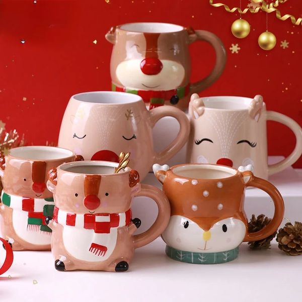 Tasses Tasse de noël en céramique wapiti animal dessin animé mignon ins vent tasse créative pour offrir des cadeaux pour faire du café au lait tasses et tasses à café mignonnes 231124