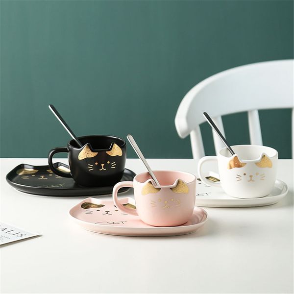 Tasses en céramique tasse à café ensemble dessin animé chat thé avec soucoupe cuillère petit déjeuner lait tasse pain dessert plat créatif couple cadeau 230829