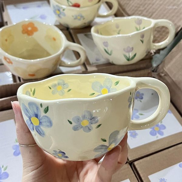 Tazas de café de cerámica, taza de té de la leche con flor Irregular pellizcada a mano, taza de desayuno de avena de estilo coreano Ins, utensilios de cocina