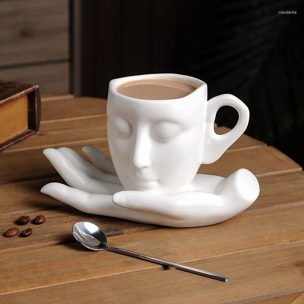 Tasses en céramique tasse de café avec poignées soucoupes créatives abstraites art à la main Face Face à thé Custs Idée Gift pour hommes Femmes Bureau travail maison