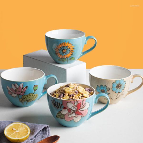Tasses Tasse à café en céramique avec cuillère rétro créativité peinte à la main fleur rurale et oiseau style maison lait avoine petit déjeuner tasse