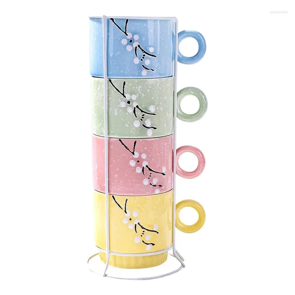 Tasses à café en céramique, ensemble de 4 tasses empilables avec support, couleurs vives et gain de place pour le thé au lait moka