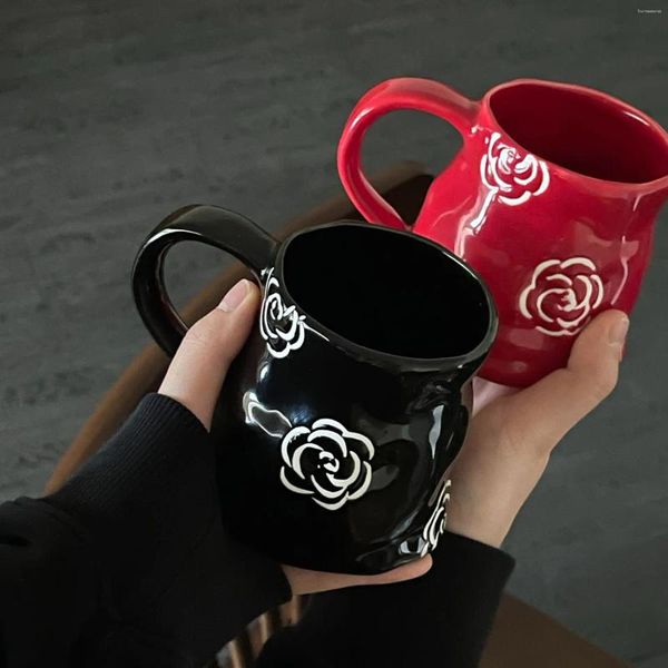 Tasses Tasse en céramique classique camélia fleur café peint à la main grande capacité bol de petit déjeuner noir luxe haute beauté