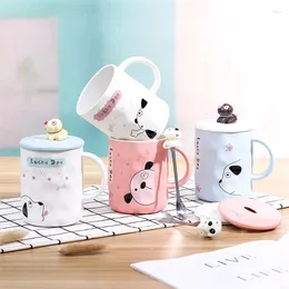 Tasses en céramique mignon dessin animé 3D Chog de chien en relief avec couvercle et cuillère couple créatif petit déjeuner millier tasse en porcelaine tasse de thé