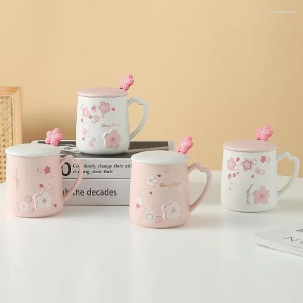 Tasses en céramique mignon rose blanc couleur cerise fleur motif de fleur café tasse petit déjeuner tasse de lait de lait tasse avec une cuillère et couvercle