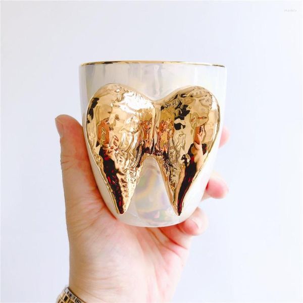 Tazas de cerámica dorada para café, taza con forma de ala de Ángel, bonita taza de leche creativa con cuchara para el hogar y la Oficina para jugo de fruta, regalos novedosos