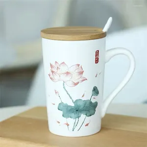 Mokken keramische handgeschilderde lotuspatroon koffiemok met deksel en lepel set eenvoudige kantoortheet theekopje thuis retro witte porselein melkbeker