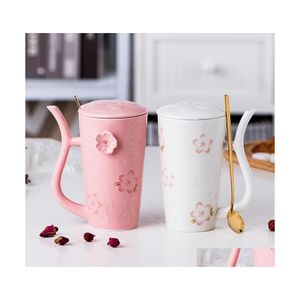 Mokken keramische mok colorf koffiekopje set creatieve sakura met deksel lepel schattige waterdruppel