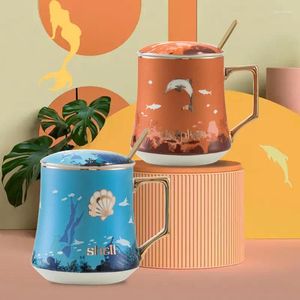 Tasses en céramique tasse sous-marin monde animaux mignons tasse de café avec couvercle de couvercle cuillère à la cuillère à eau potable