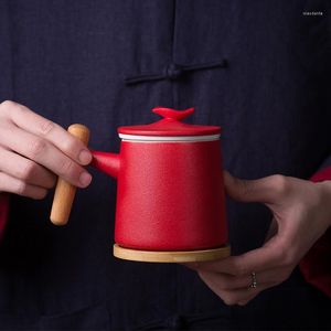 Mokken keramische mok met deksel en filter Office Tea Cup houten handgreep Saucer zakelijke geschenkdoos verpakking grote capaciteit 350 ml