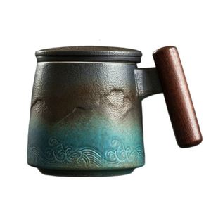 Tasses en céramique rétro tasse à café bureau filtre à eau thé avec couvercle et poignée en bois Caneca boîte-cadeau d'anniversaire CM061 221122