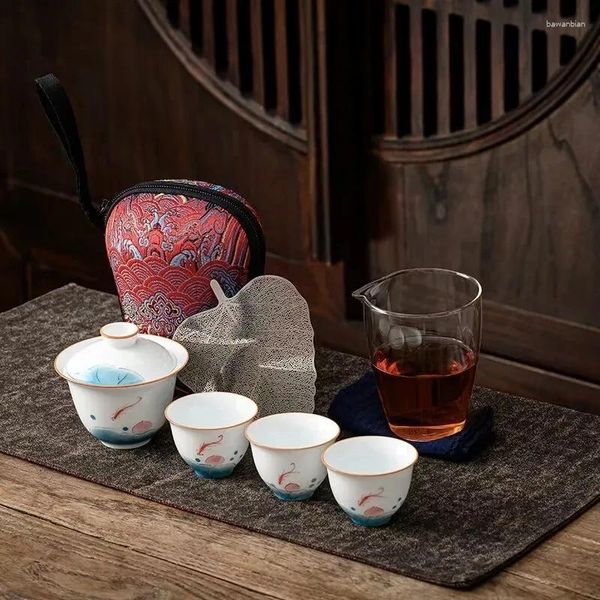 Tazas Juego de té de viaje de cerámica Bolsa de té 1 Tetera 3 Tazas de té Pote de vidrio de porcelana con taza Gaiwan Regalo de negocios