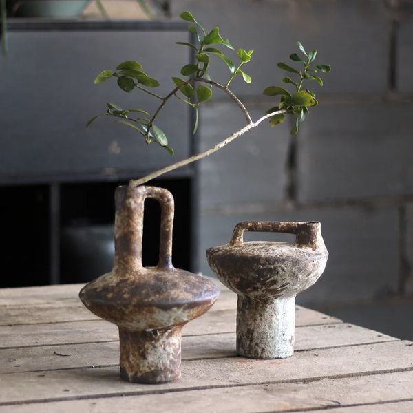 Tasses Vase en céramique poterie brute Arrangement de fleurs Vintage fait à la main Style WabiSabi fleurs séchées Zen 231130