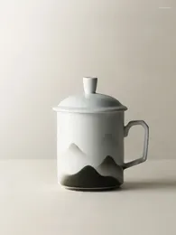 Tasses en céramique avec couvercle poignée peinte à la main encre chinoise et lavage montagne bureau à domicile thé eau Drinkware 3 couleurs 539ML tasses