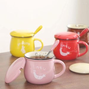 Mokken Ceramics Cup Creative Sweet Color Vintage Lepel met deksel Simple Big Belly Mug Breakfast Cups Milk Coffee Tea