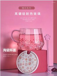Tasses tasse de fleurs de cerisier verre résistant à la chaleur avec couvercle de cuillère belle fille fleur fraîche bureau Ins vent cadeau