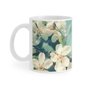 Tasses fleur de cerisier tasse à café blanche tasse à thé au lait 11 Oz début jaune Orange bleu vert plante fleur