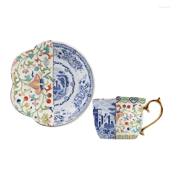 Tasses chinoises exquise vintage léger luxe or tracé cupr de café irrégulier et tasse en céramique de Doucai blanc bleu occidental